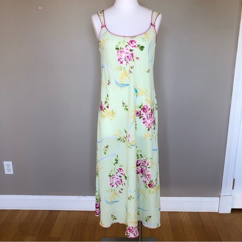 Vintage Pale Green Floral Slip Dress with Pink Rose Print
